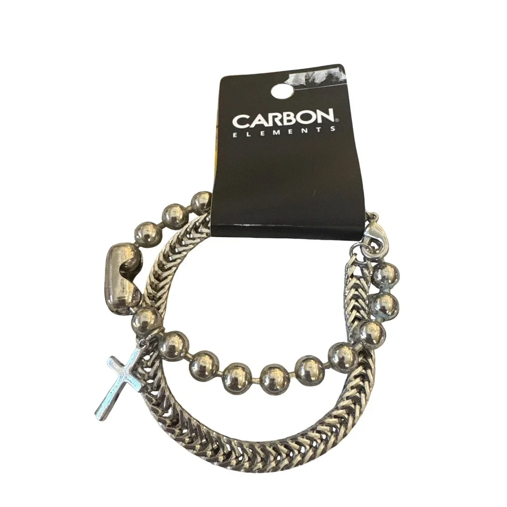 Carbon Elements Mens Silver Tone Cross & Beads‎ Accent Bracelet Set New